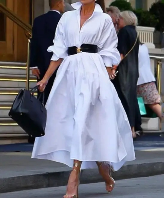 Oversized Womens dress 2024 summer Casual White Shirt Skirt Long Sleeved Solid Color Loose Fitting Dress with Belt 240717