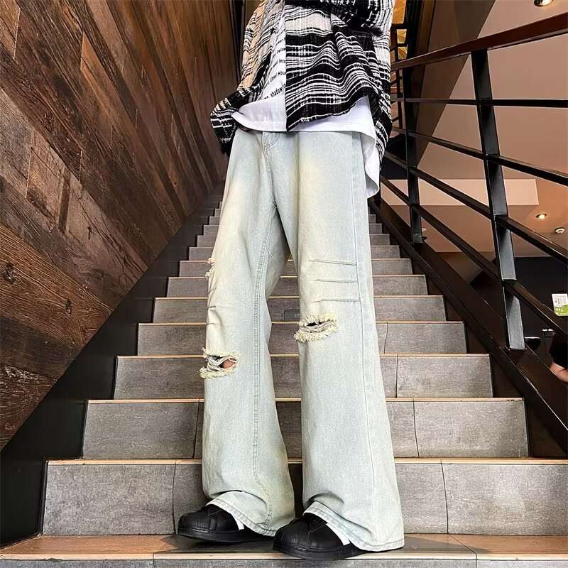 Vintage ripped jeans men's American high street straight trendy brand cool and versatile loose wide leg pants