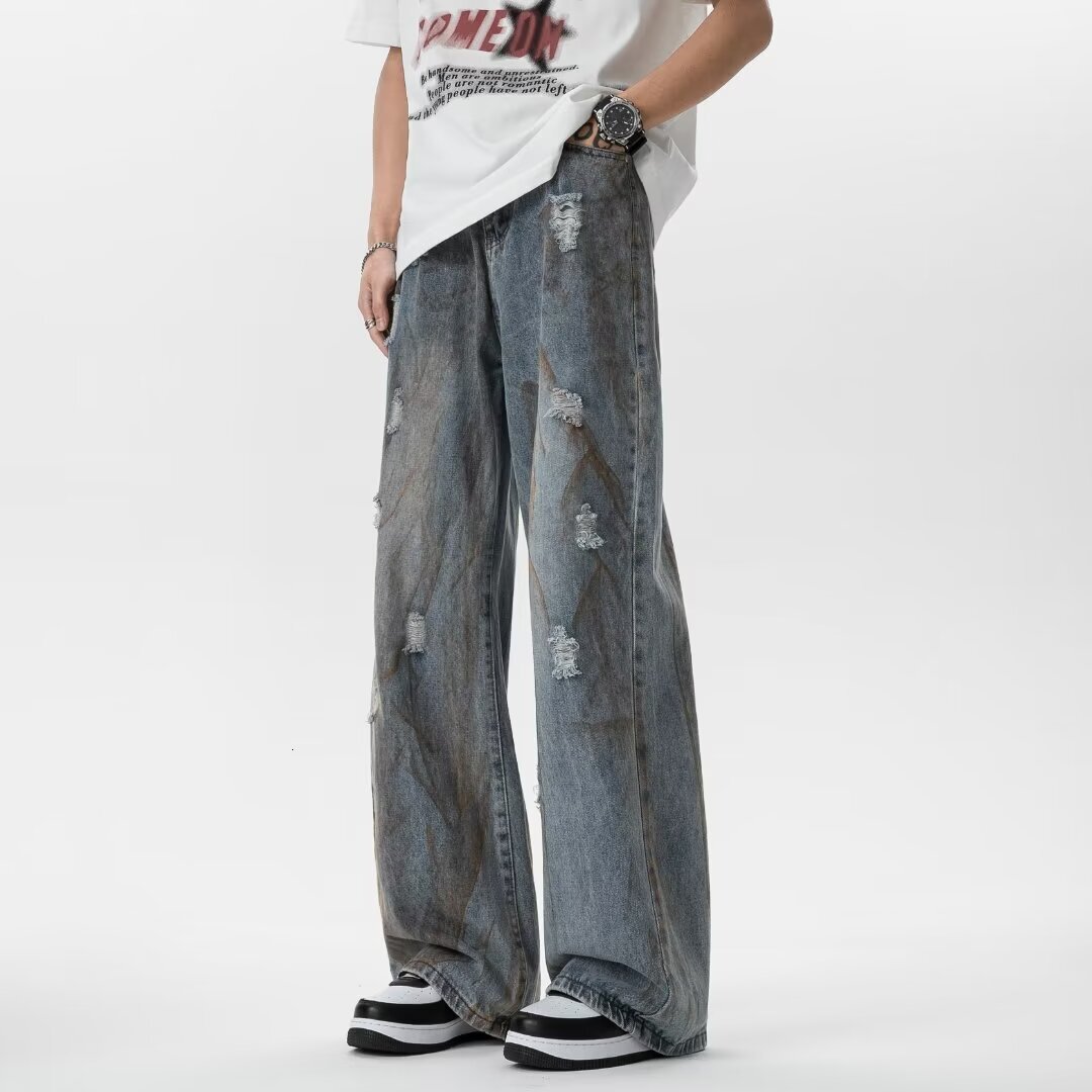 Loose denim men's trendy American high street vibe summer oversize micro flared wide straight leg pants for men