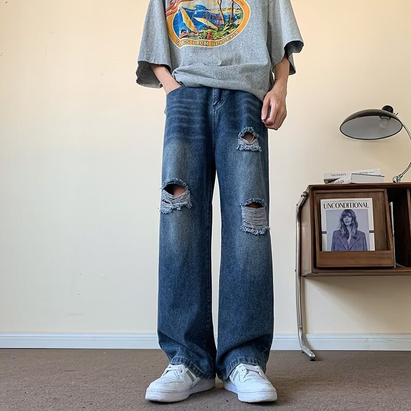 Ripped jeans, American high street fashion brand, straight leg loose long pants, summer slim fit