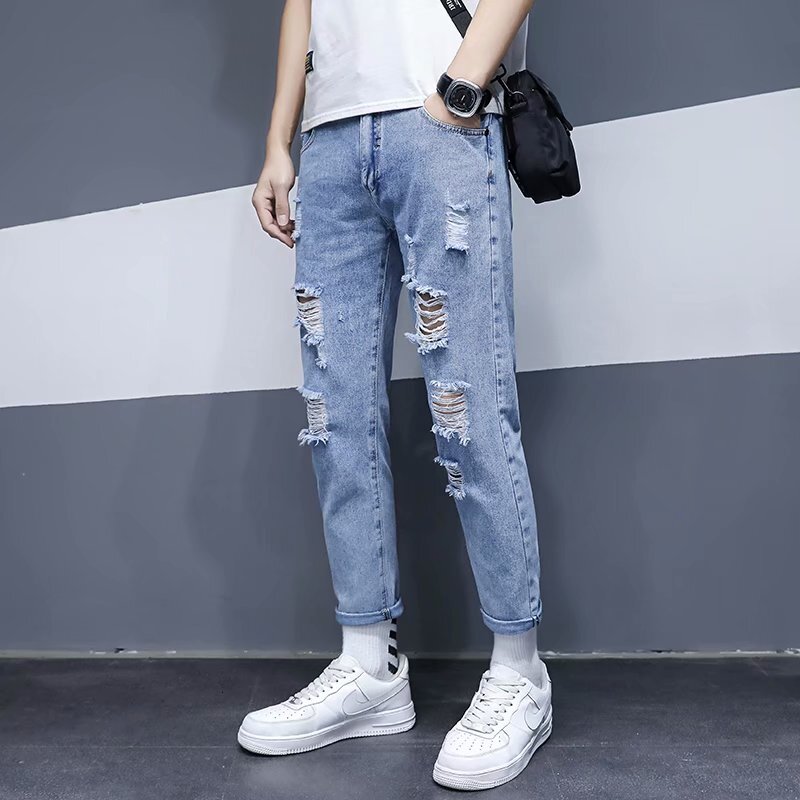 Summer thin cut ripped cropped jeans men's brand slim fit small footed beggar casual pants trendy and versatile