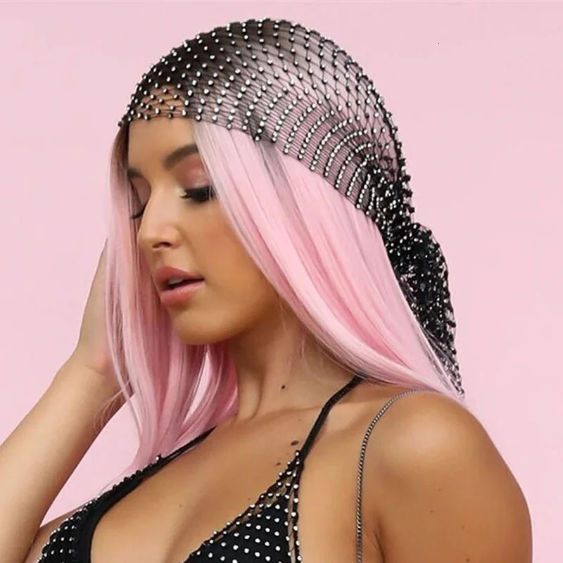 Fashion Women Rhinestone Head Scarf Turban Hat Crystal Fishnet Mesh Cap Bling Headbands Hair Snood Nets Carnival Veil For Women 240717