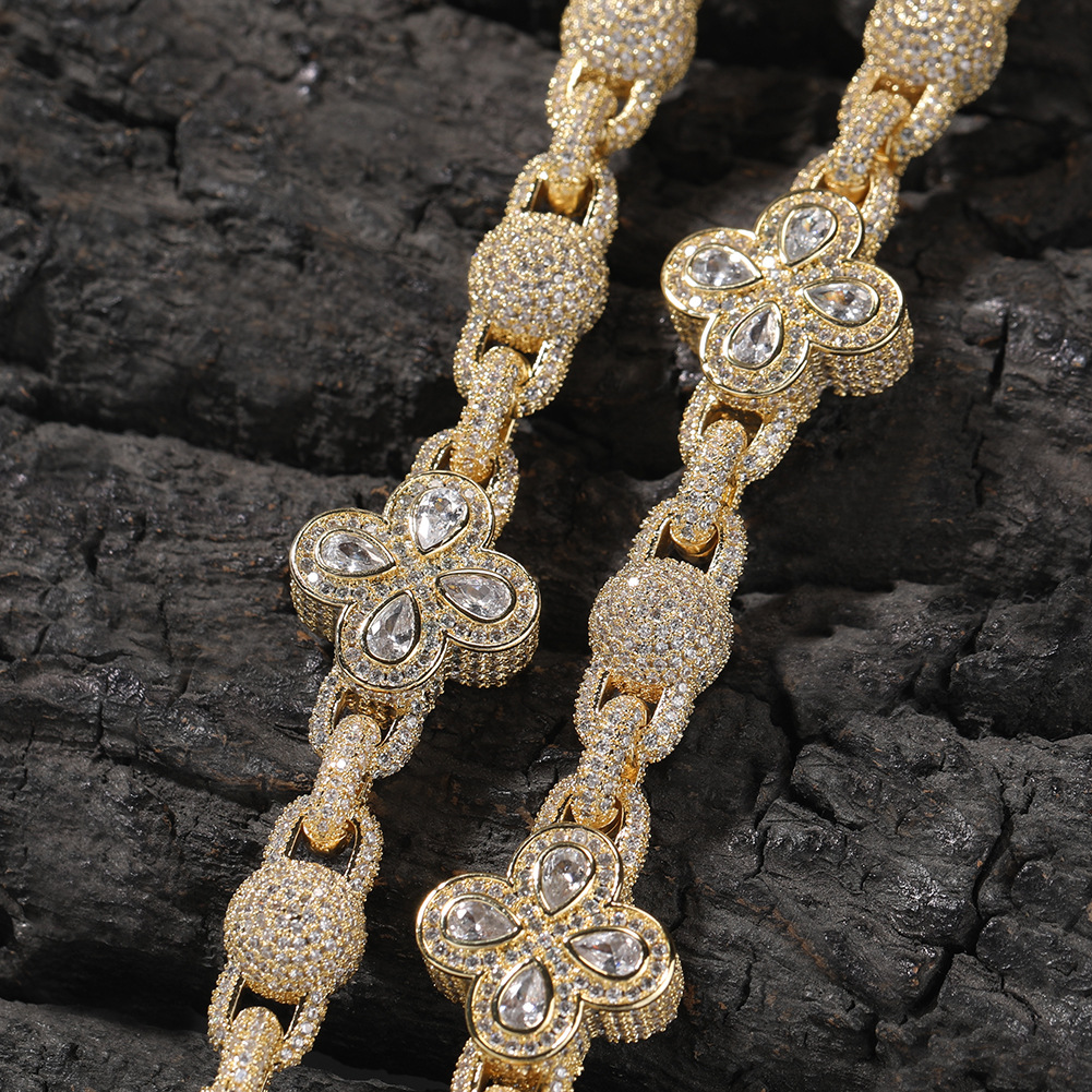 Hip Hop Flower Chain Necklace Bracelet 18K Gold Plated 5A Zircon Men Jewelry Set