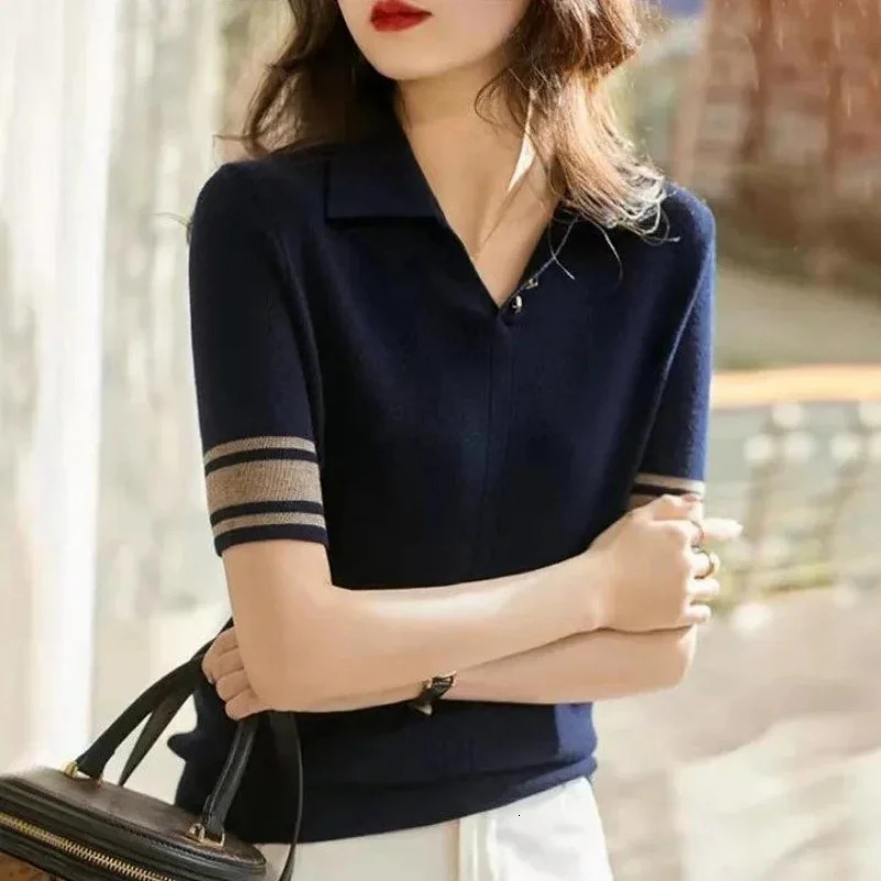 Short Sleeve Polo Shirts Woman Black Women Vintage Sweatshirt Flower Knitted Korean Shirt High Quality Top Cotton 240713