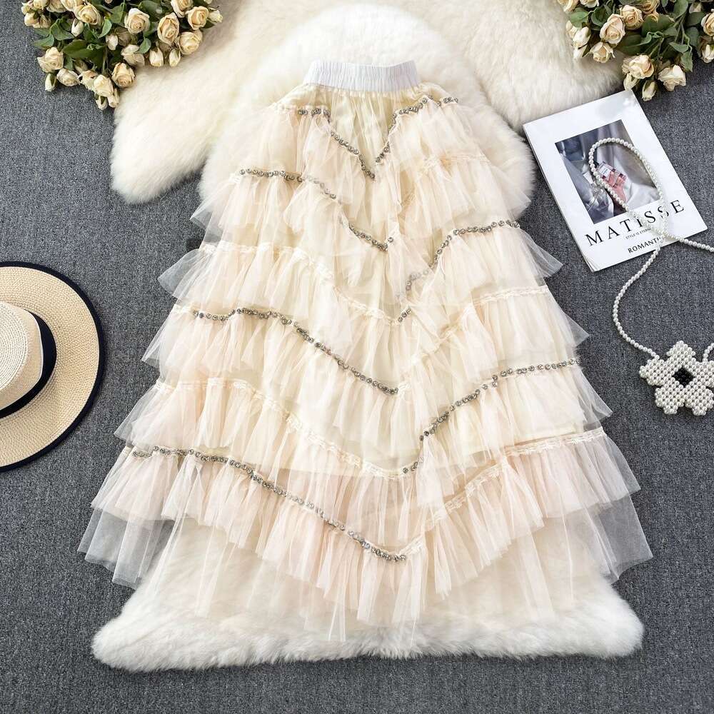 Fairy Mesh Womens Elastic Waist Slim A-line Diamond Embedding Skirt Long Over Knee Fluffy Cake Dress Summer Short Sexy Pregnant Womens Dress Round Nec