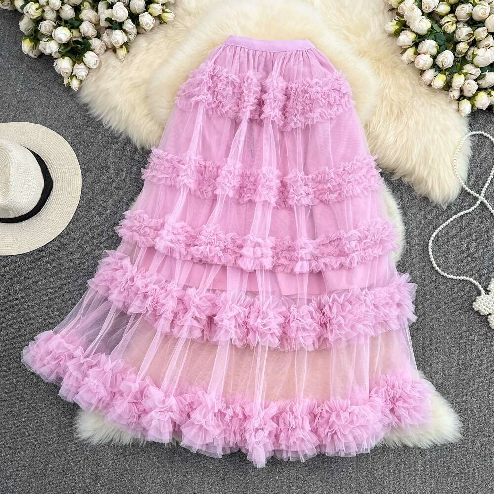 High Waisted Slimming Mesh with Elastic Band, Medium Length Over Knee, Irregular Wood Ear Edge, Super Fairy Cake Skirt for Women Sexy Temperament BOHO