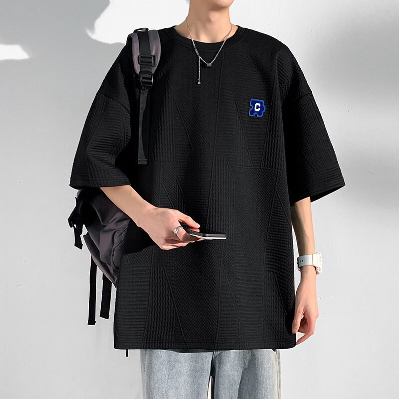 Man Tshirt Korean Oversized Loose White Summer Baggy Waffle Short Sleeve Bu T Shirt Men