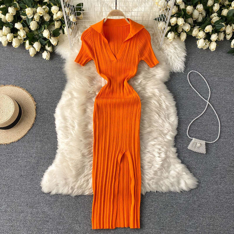 Ins Heart Machine Split Knee Over Skirt Sexy Show Waist and Hip Stretch Knitted New Summer Dress Novelty Self-cultivation Loose Sexy Short Silk Dress