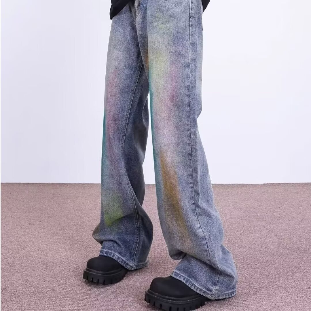 Spring Autumn Outdated Colorful Graffiti Wide Leg Street Jeans for Men and Women Straight Tube Loose Floor Pants
