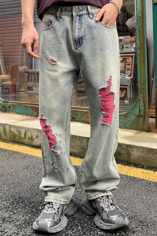 Washed jeans for men, American fashion brand ripped pants, trendy loose straight leg men's denim pants