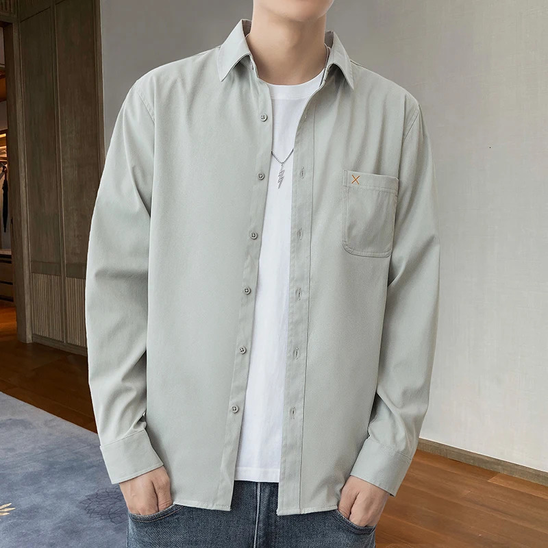 Long Four Season Shirt Mens Trend Grey Color Thin Teenager Top High Quality Soft Sleeve Male Top Big Size 4XL 240710
