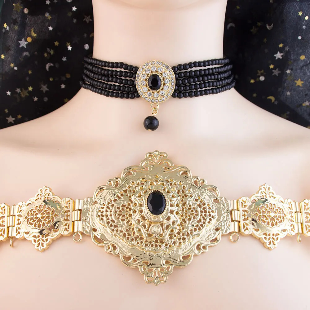 Sunspicems Chic Arabic Caftan Belt Choker Necklace Black Crystal Waist Chain Gold Color Morocco Bride Jewelry Beads 240709