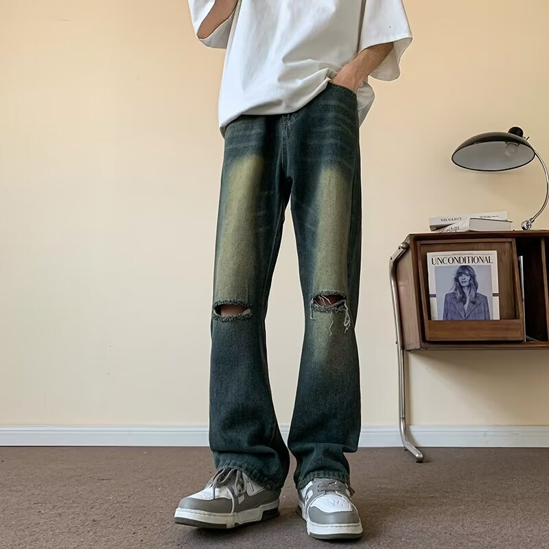 Broken hole jeans men's summer new style American high street design sense niche vintage washed loose straight leg long pants