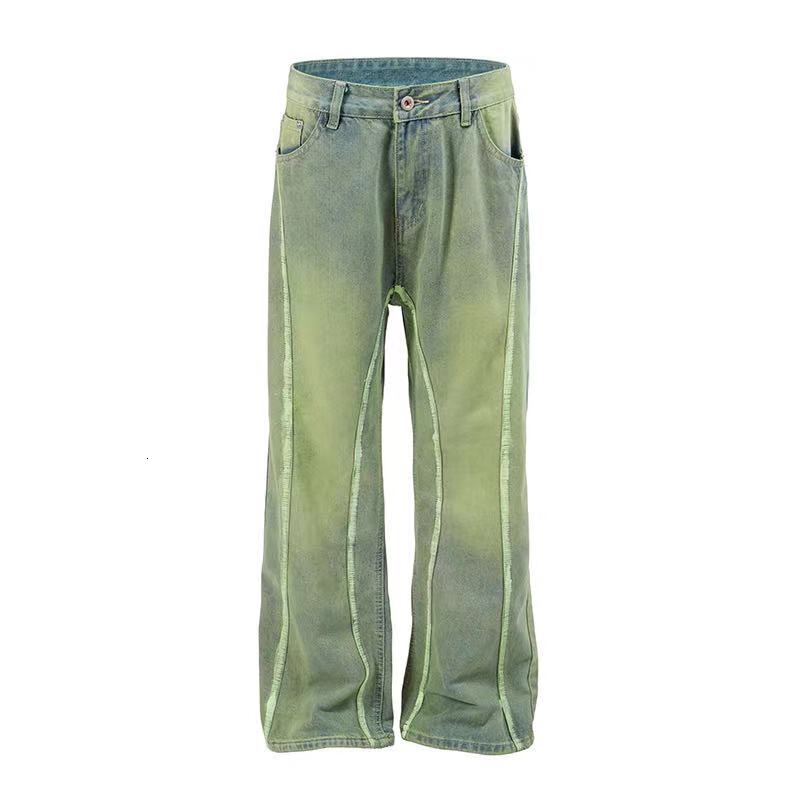 American style vintage green micro flared jeans men's spring and summer cleanfit loose straight casual wide leg pants
