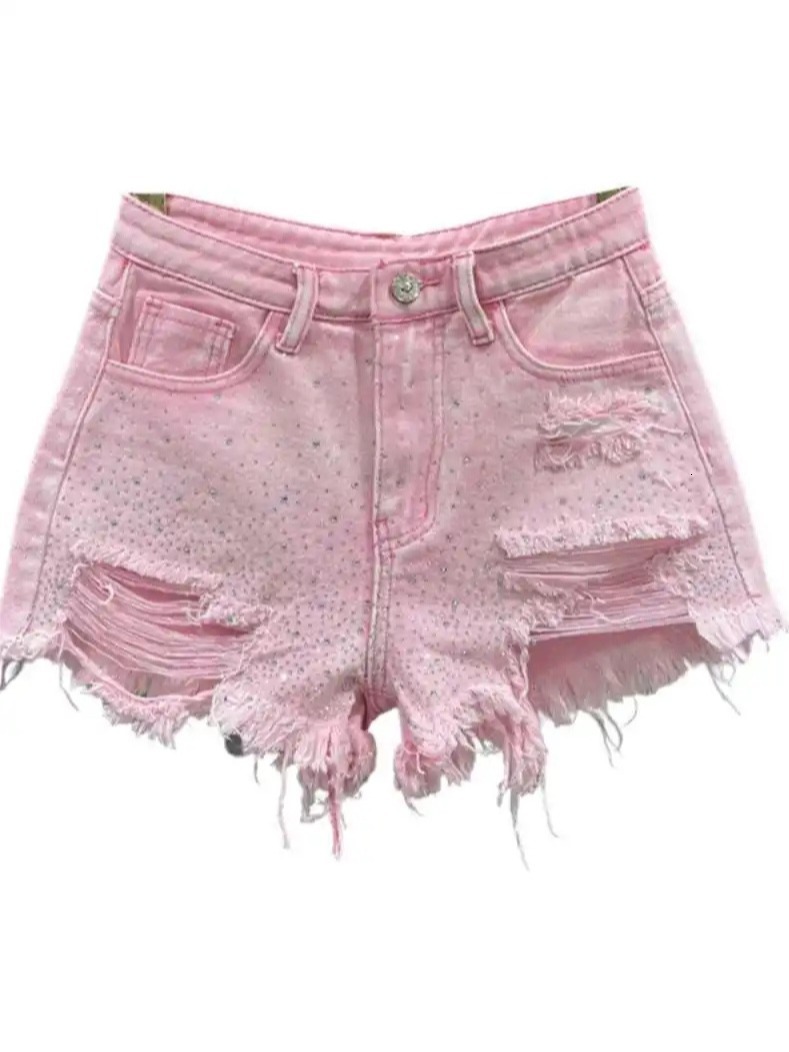 Heavy Industry Diamond Denim Shorts for Women's 2024 Summer New High Waist Slimming Spicy Girl with Broken Holes, Ragged Edges, Wide Legs Hot Pan