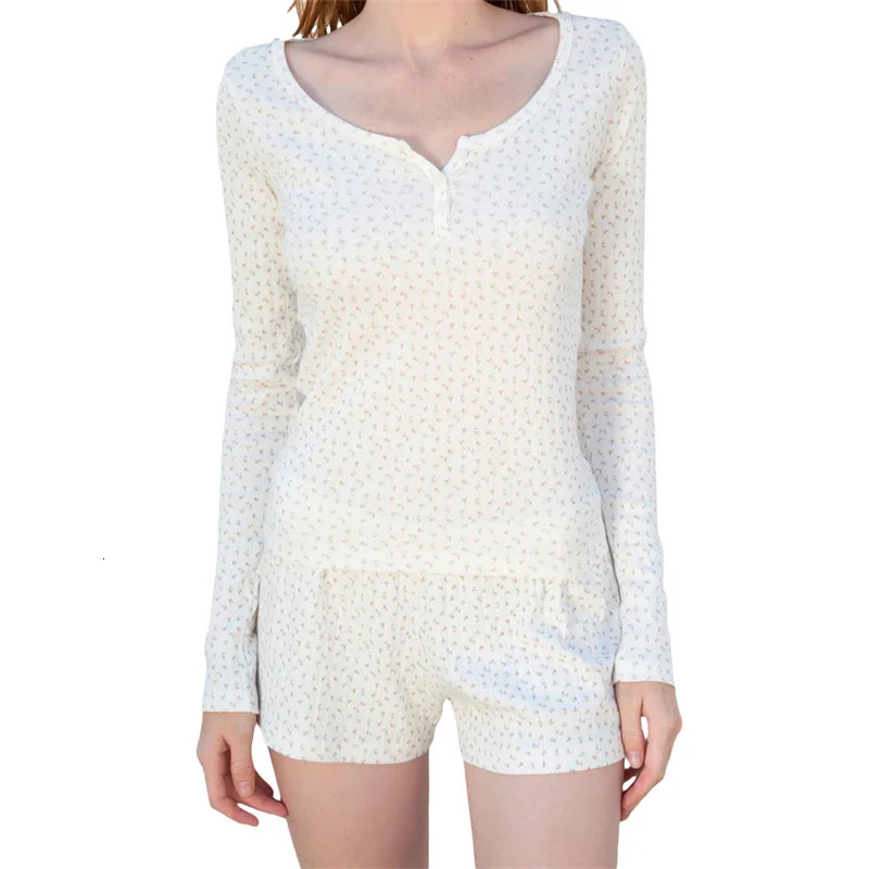 Vintage Floral 2 Piece Set y2k Fairy Cottage Button O Neck Long Sleeve T-shirt Shorts 90s Kawaii Lounge Matching Suits 240716