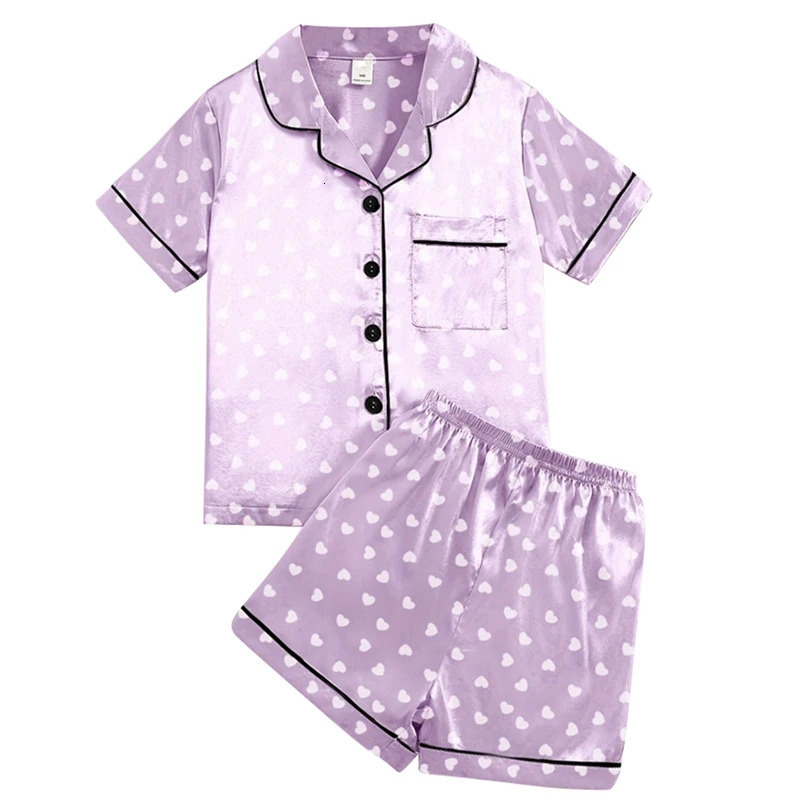 Childrens and girls pajama set summer short sleeved with short sleeved pajamas silk buttons down jacket 240704