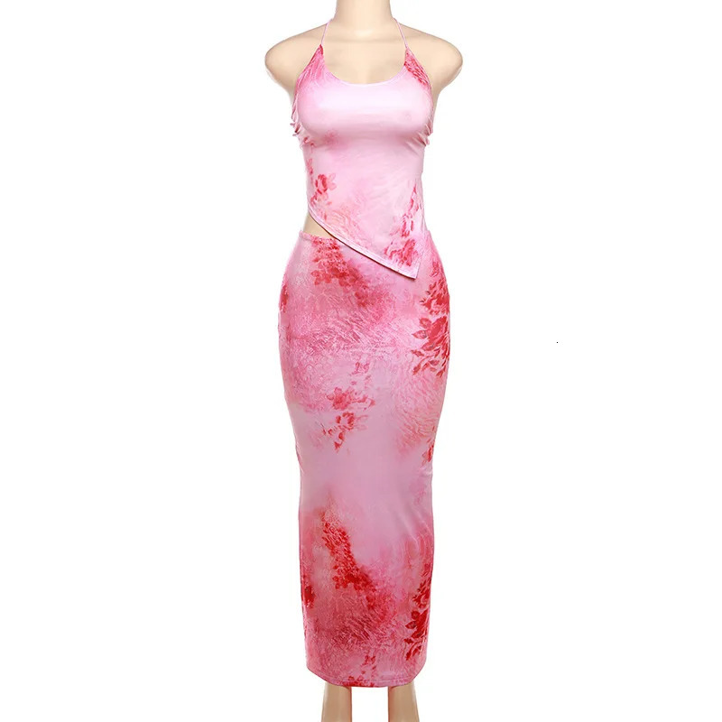 Hirigin Two Piece Set Women Floral Print Outfits Sexy Backless Halter Camisole TopHigh Waist Long Skirts Spring Summer Clothes 240710