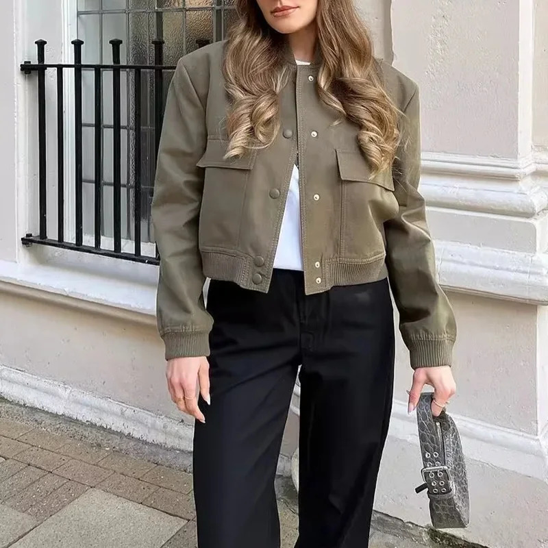 Womens Bomber Jackets Coat Crop Outwear Armygreen Long Sleeve With Pocket Solid azatrafins Woman Jacket Navy Blue 240715