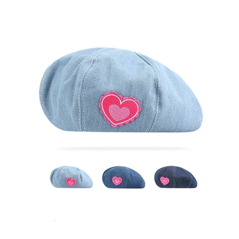 Women Girls Lovely Embroidery Pattern Denim Beret French Hat Casual Sun Hat with Adjustable Strap 240715