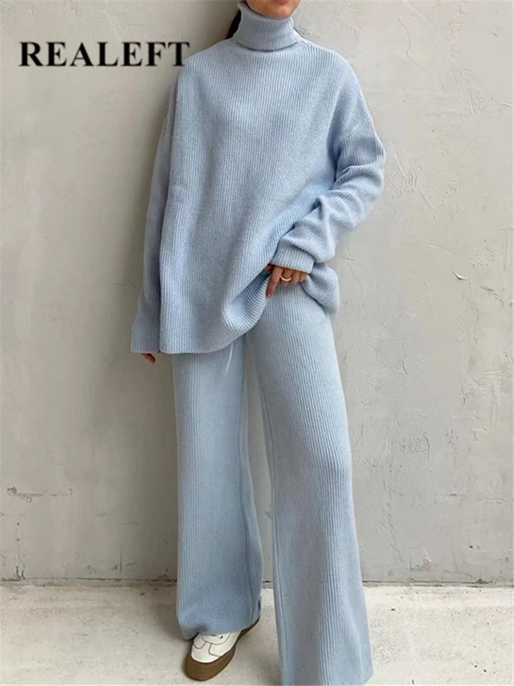 2 Pieces Women Sets Knitted Tracksuit Turtleneck Sweater and Wide Leg Jogging Pants Pullover Suit 240715