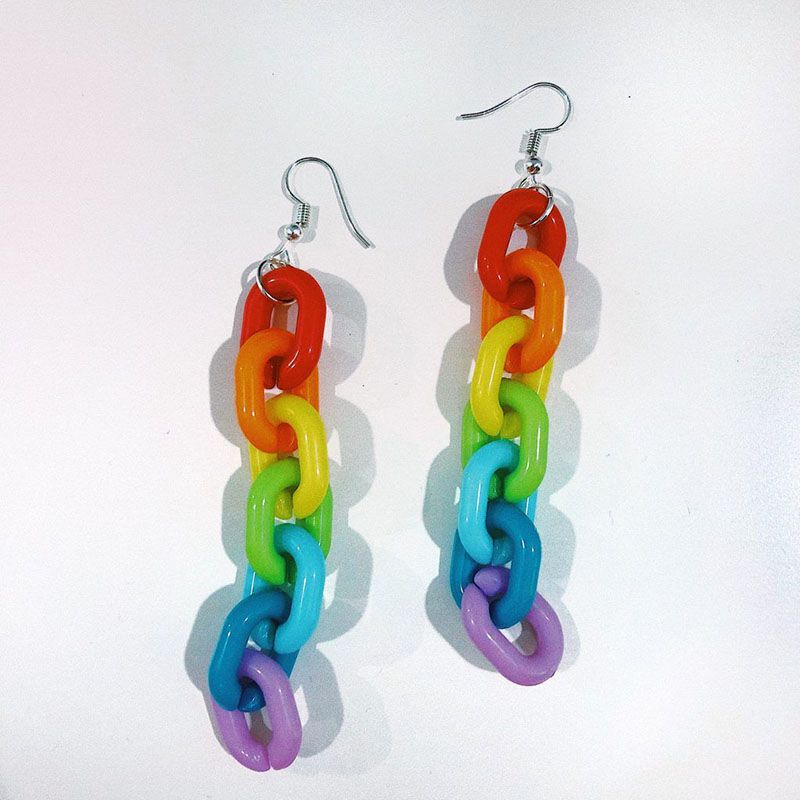 European Popular Acrylic Rainbow Chain Earring for Women Handmade Long Colorful Dangle Ear Clip Hook Earrings Club Charms Jewelry Accessories Wholsale