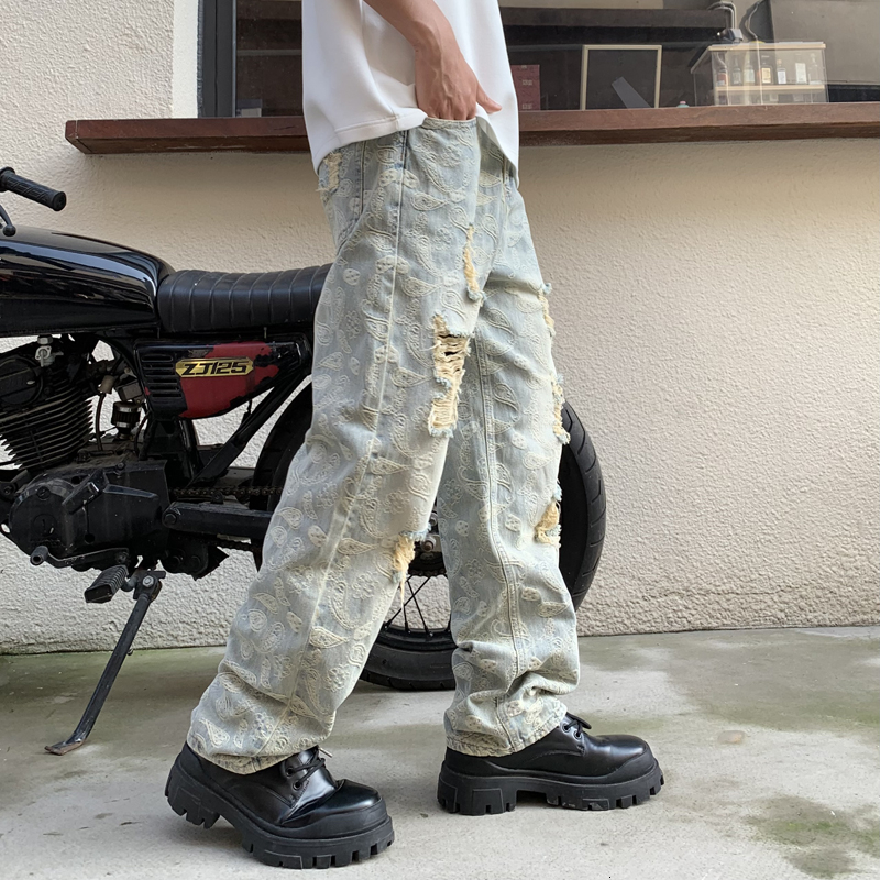 American fashion brand ripped jeans loose straight leg quality jacquard men's denim pants