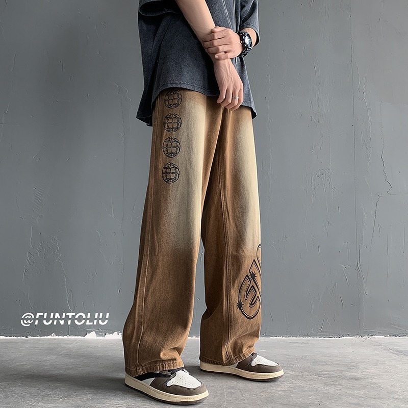 American hip-hop gradient jeans men's and women's trendy high street Vibe loose straight wide leg long pants