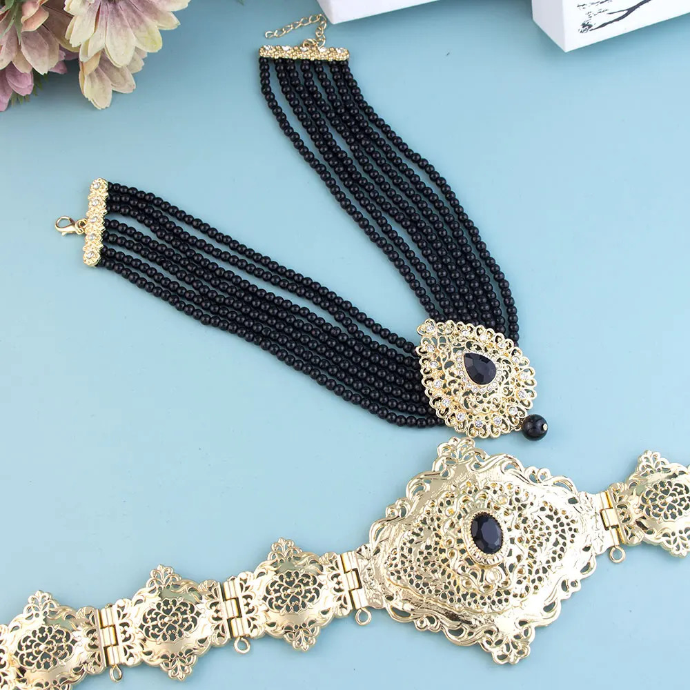 Sunspicems Chic Arabic Caftan Belt Choker Necklace Black Crystal Waist Chain Gold Color Morocco Bride Jewelry Beads 240709