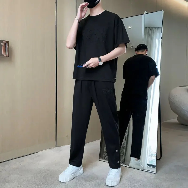 Top Alphabet Male T Shirt Jogging Sports Suits Plain Pants Sets Jogger Clothes for Men Grey Loose Tracksuit Fashion Stylish Chic 240715