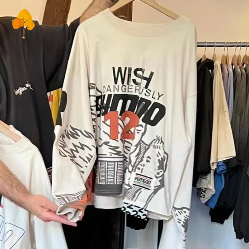 2024 Quality Graphics Slogan Graffiti TShirt Men Women Oversized Cement White RRR123 Long Sleeved T Shirt Vintage Tops 240715