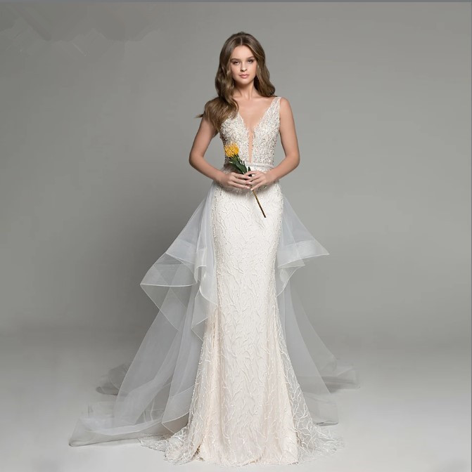 Ashley Carol Sexy Mermaid Dresses 2024 V-necke Romantic Beaded Detachable Train Wedding Gown Vestidos De Novia