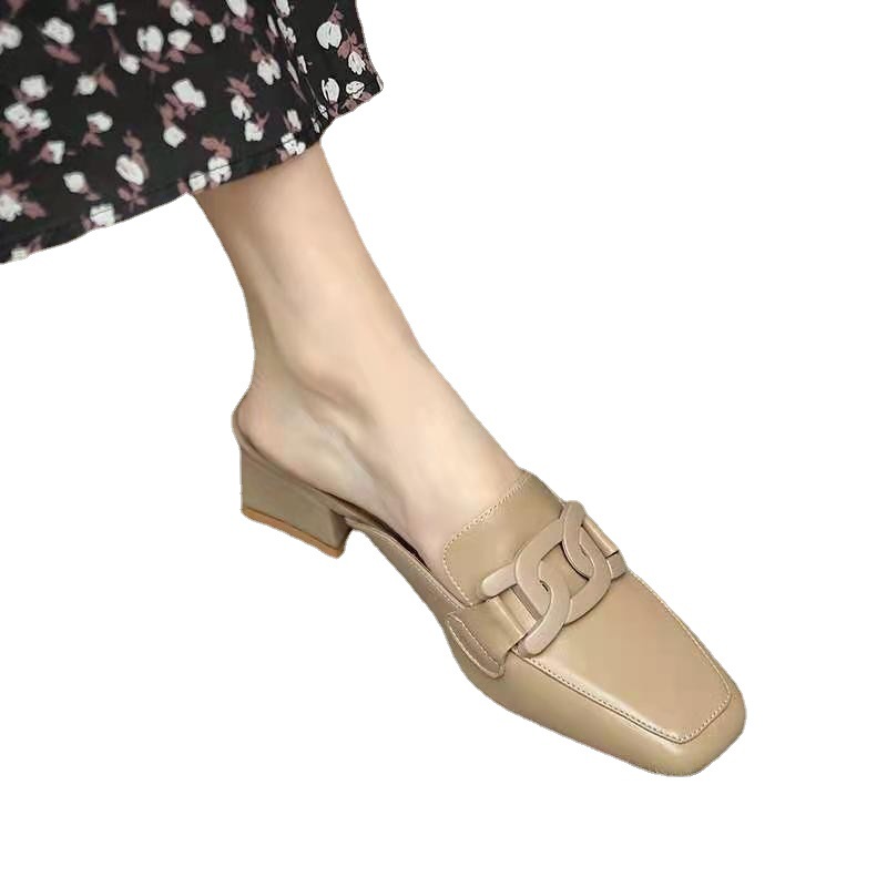 Luxury designer shoes in black and white Square head chunky heel sandal slippers with half-toe single shoes