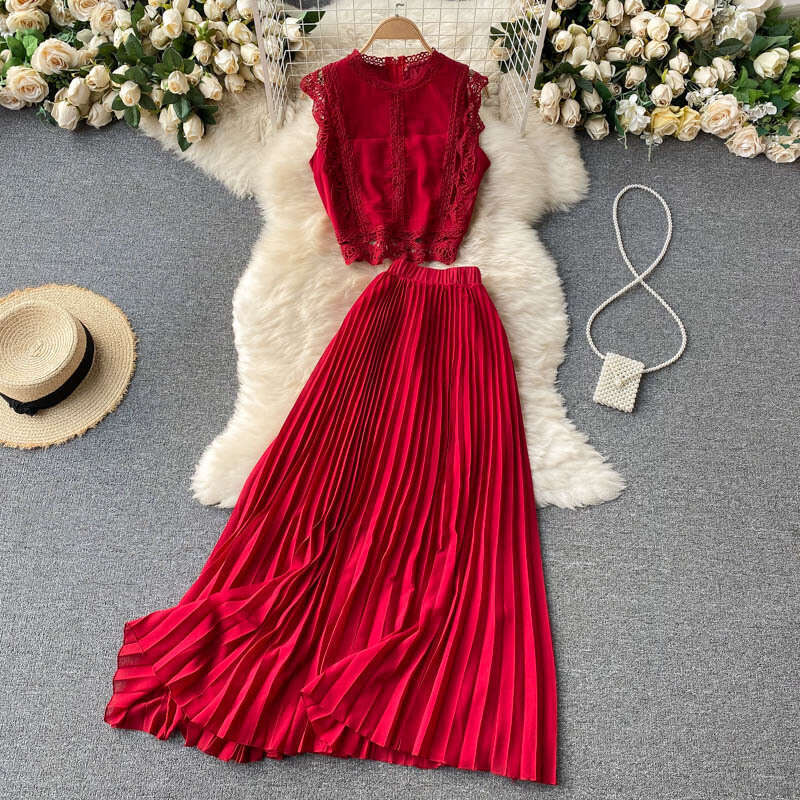 Seaside Vacation 2022 Summer Womens Lace Top, High Waist, Slim Look, Folded Chiffon Half Skirt, Two Piece Set Waist Sexy Oversize Dress Lace Dress