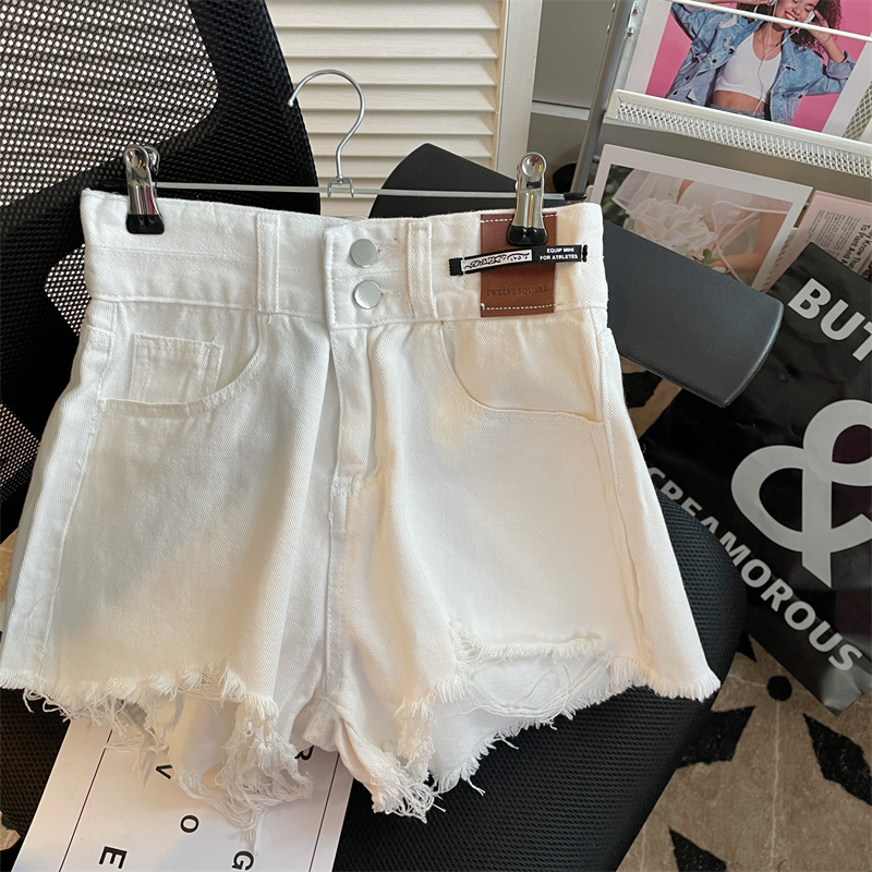 Blue denim shorts for women with high waist fringed edges, summer 2024 new style, loose A-line, slimming, spicy girl hot pants, spring and autumn