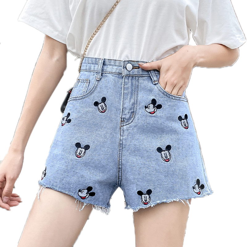 Women's summer new high waisted Korean version embroidered jeans slimming A-line shorts