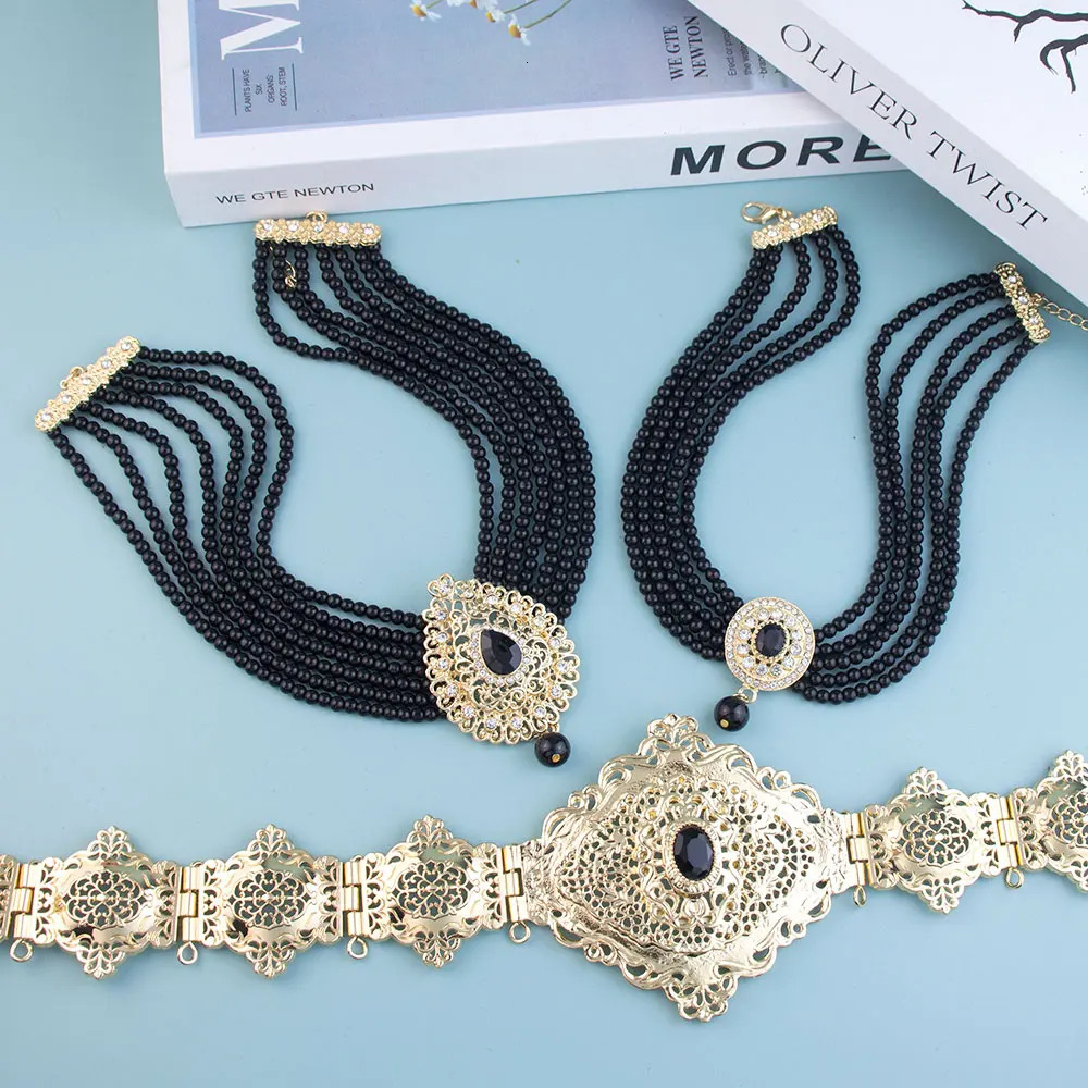 Sunspicems Chic Arabic Caftan Belt Choker Necklace Black Crystal Waist Chain Gold Color Morocco Bride Jewelry Beads 240709