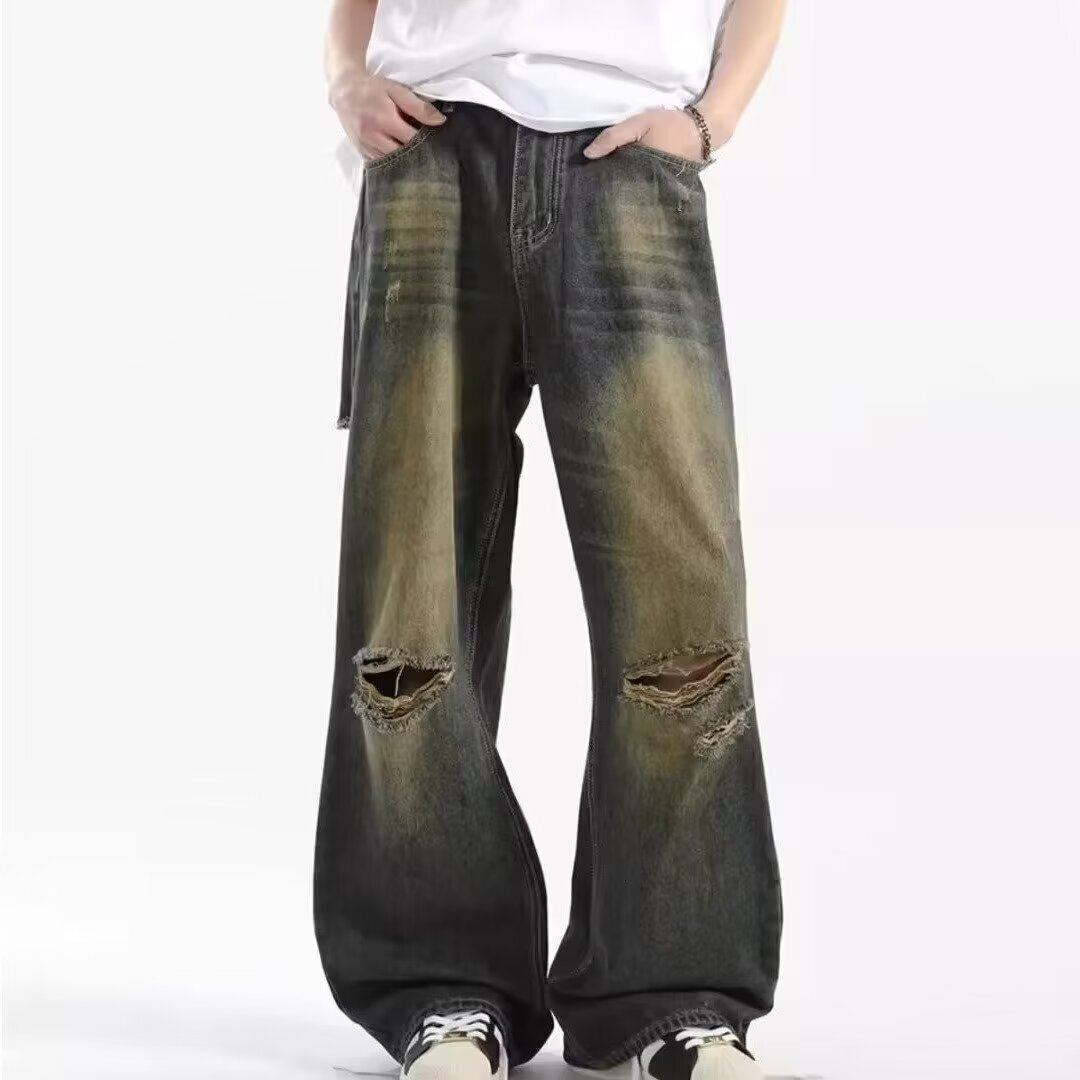 American distressed design floor length jeans, niche high street loose versatile wide leg pants, cool and trendy dance style