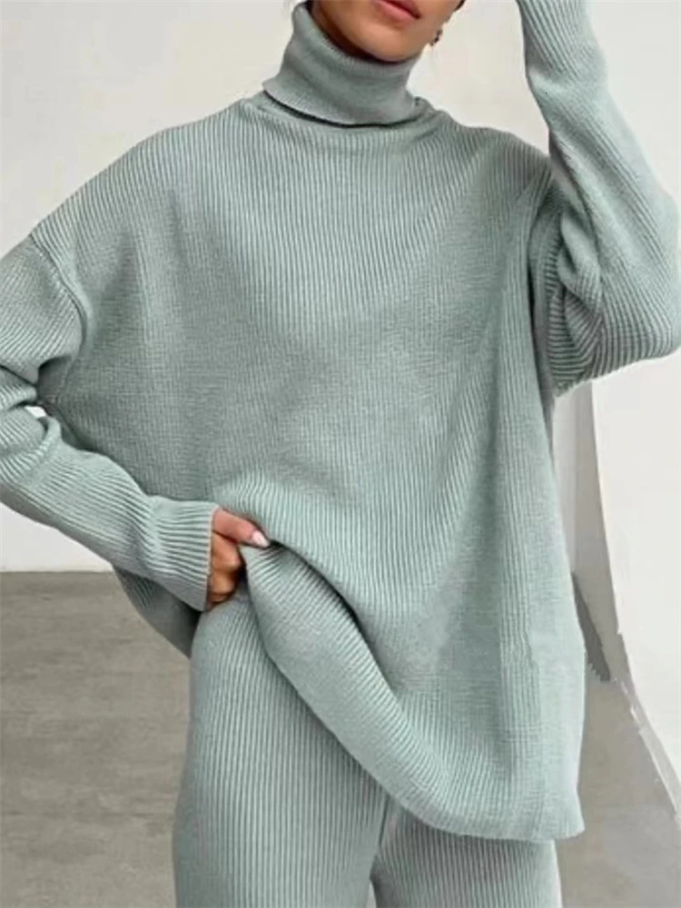 2 Pieces Women Sets Knitted Tracksuit Turtleneck Sweater and Wide Leg Jogging Pants Pullover Suit 240715