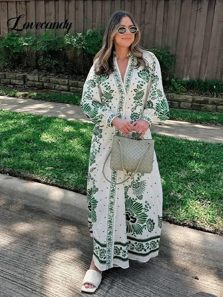 Elegant Print Single Breasted Long Sleeve Maxi Dress Women Fashion Stand Collar Deep V Loose Dresses Lady Vintage Commute Robes 240710