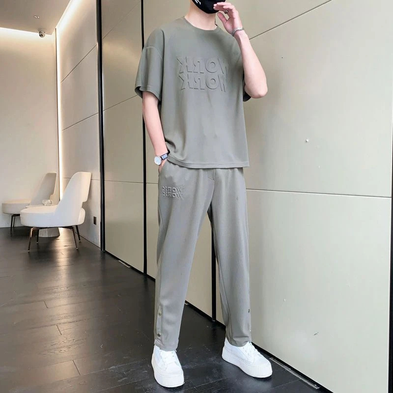 Top Alphabet Male T Shirt Jogging Sports Suits Plain Pants Sets Jogger Clothes for Men Grey Loose Tracksuit Fashion Stylish Chic 240715