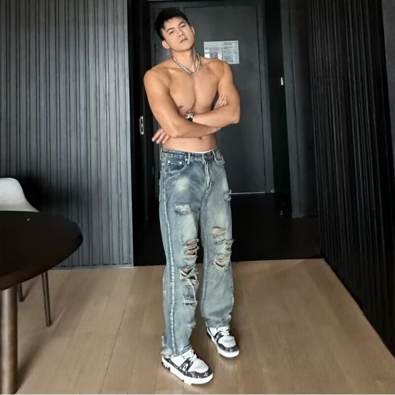 2024 new American high street distressed washed straight leg casual jeans men's pants