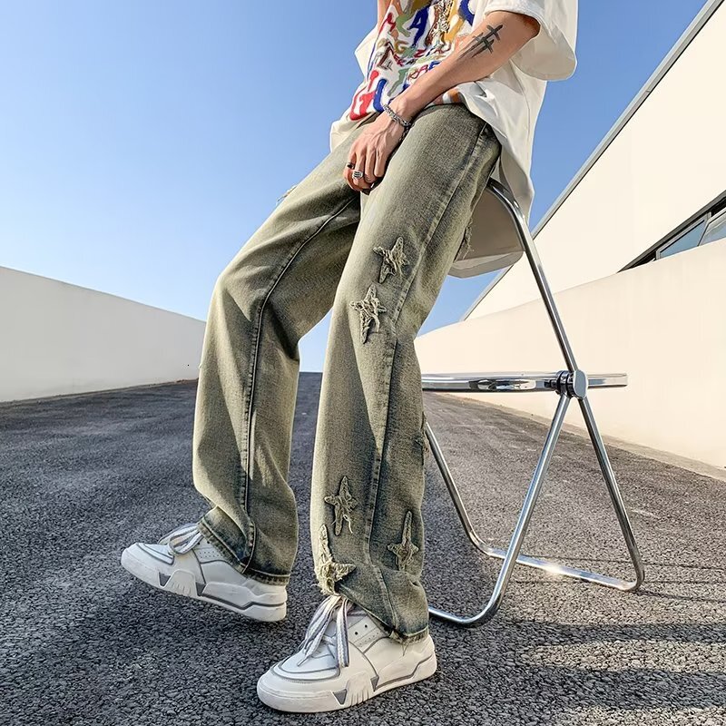 Yellow mud denim jeans straight oversize men's summer trendy brand ruffian handsome micro flared wide leg pants