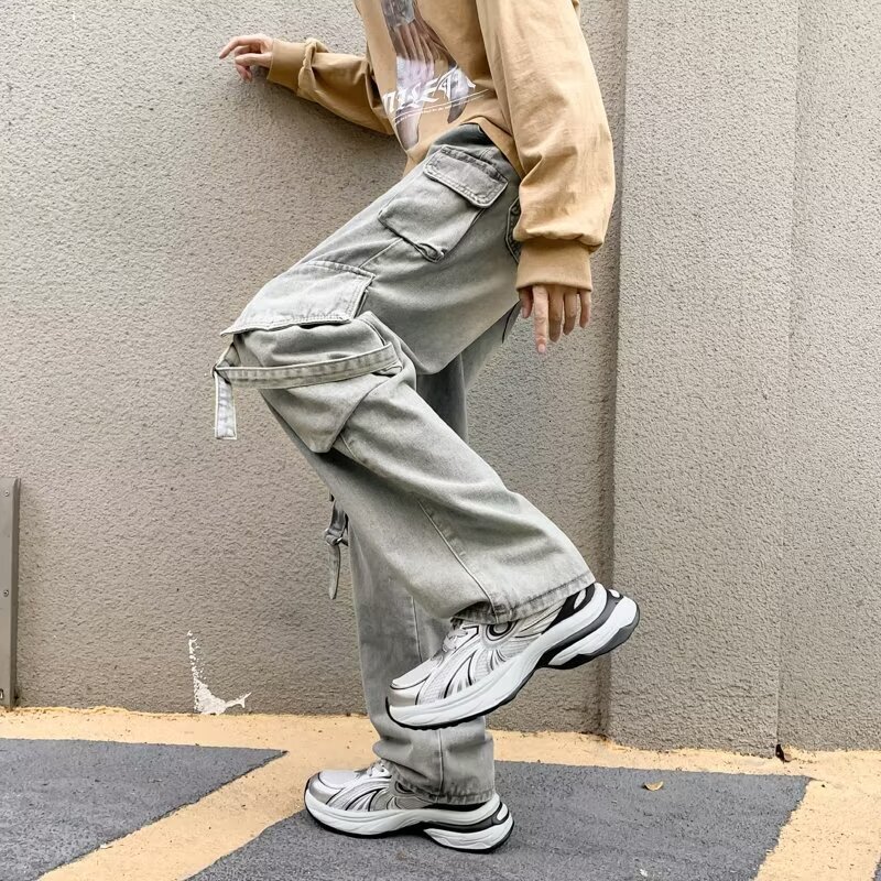 Workwear jeans men's American style 2023 autumn and winter new fashion brand straight casual fashionable loose wide leg pants trendy