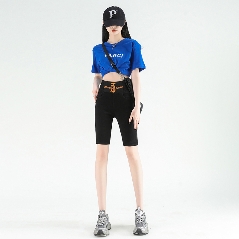 5569 denim shorts in summer, new high waisted, tight fitting, lightweight, elastic straight leg over the knee five quarter pants for women