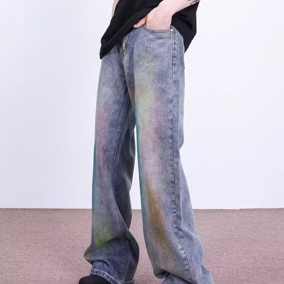 Spring Autumn Outdated Colorful Graffiti Wide Leg Street Jeans for Men and Women Straight Tube Loose Floor Pants