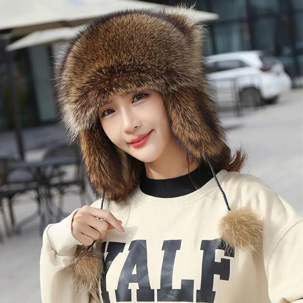 Faux Fur Little Raccoon Hat with Tail and Plush Ball Pendant Winter Warm Cute Soft Bomber for Kids Adults 240716
