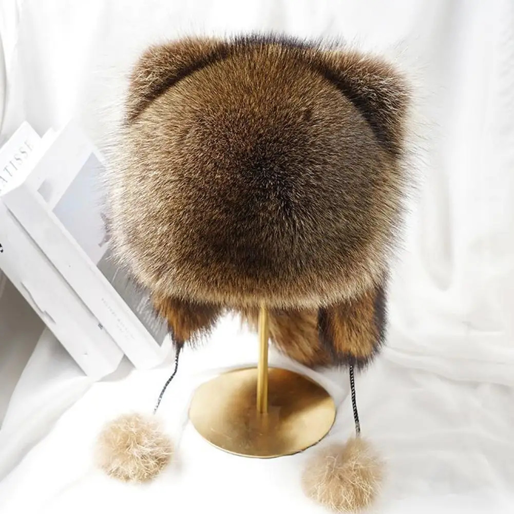 Faux Fur Little Raccoon Hat with Tail and Plush Ball Pendant Winter Warm Cute Soft Bomber for Kids Adults 240716