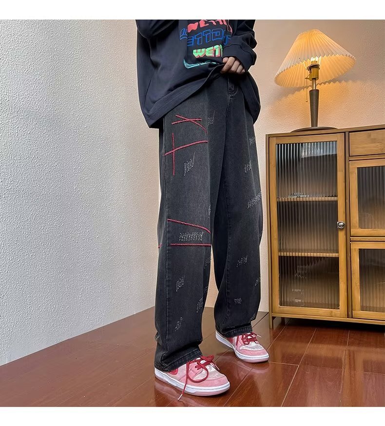 Jeans, leg, loose fitting, straight zipper, autumn youthful, trendy, versatile, washed men's pants