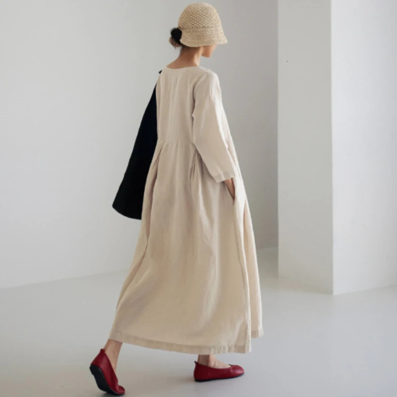 Loose Casual Cotton Linen Dresses for Women Longsleeved Round Neck Vintage Simple Solid Colour Female Holiday Beach Long Dress 240717
